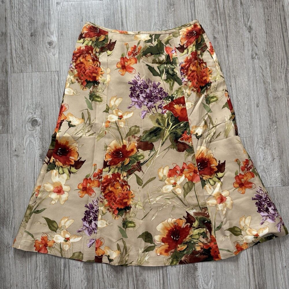 VTG Talbots Floral Silk Wool Blend Midi A-Line Skirt Cottagecore Garden Party 10
